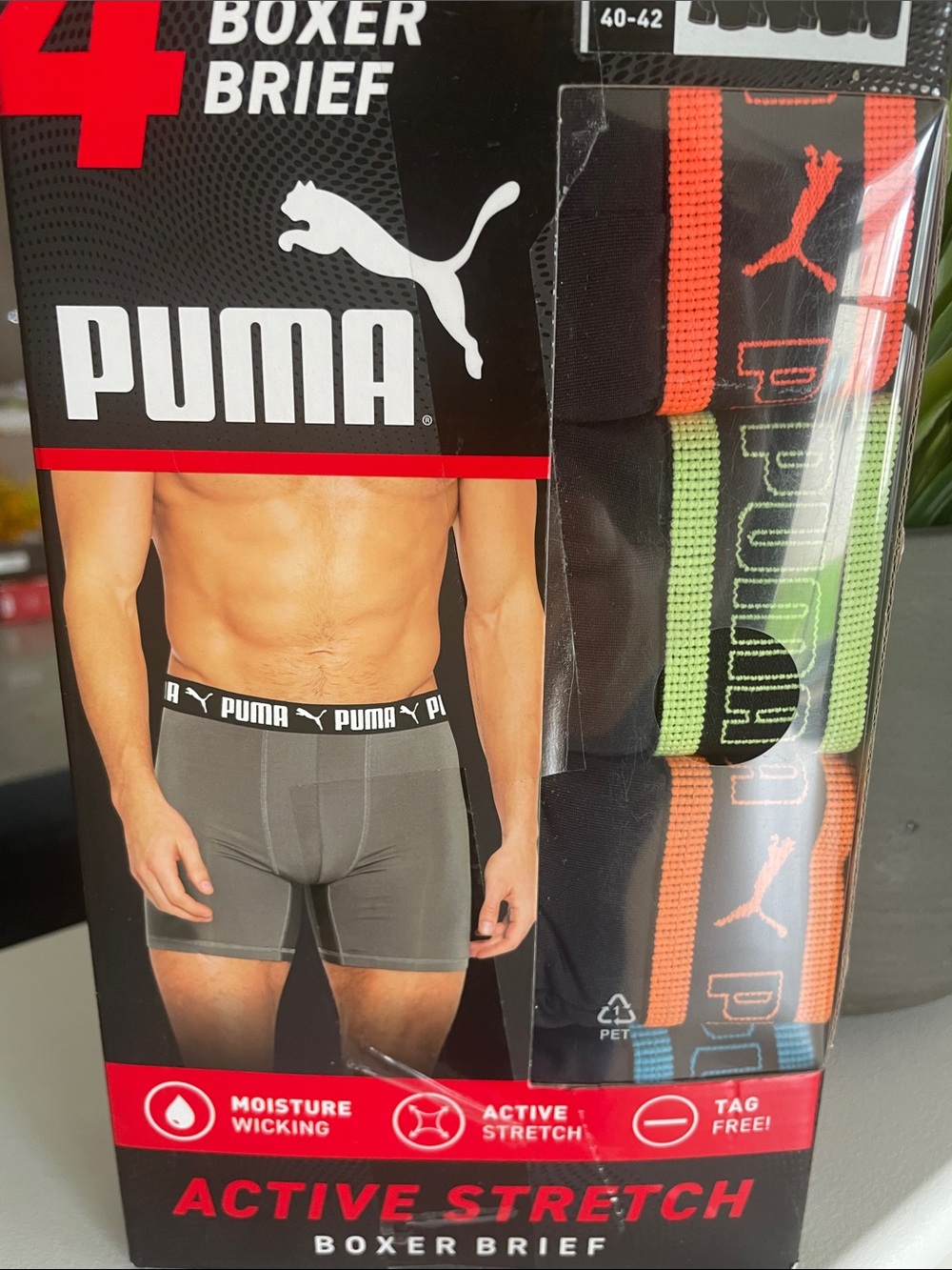 Puma Men’s Boxer Brief 4-Pack - Black with Neon Orange & Neon Green Accents